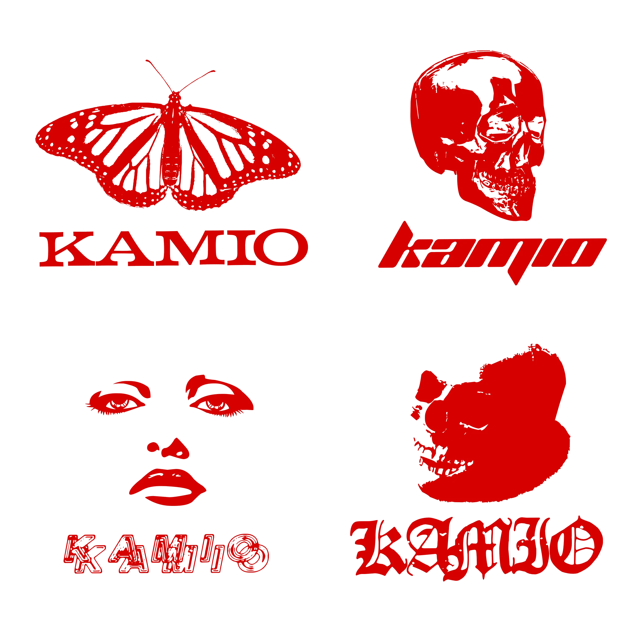 Kamio logo marks — butterfly, skull, face, gothic wordmark